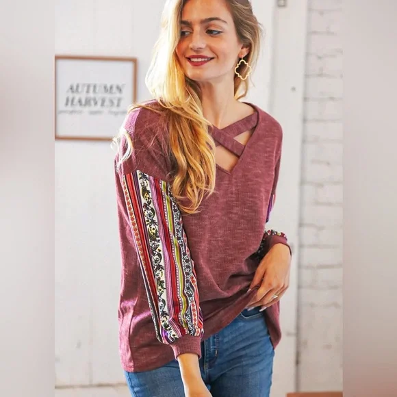 NEW Burgundy Thermal Criss Cross Neck Top, Boutique Fashion, New, S & M - Picture 4 of 8